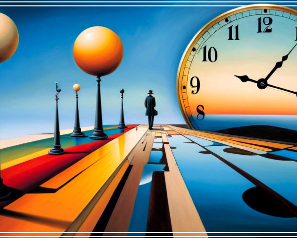 Surreal Landscape with Colorful Paths and Clock