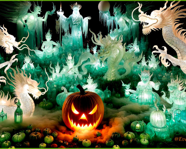 Mystical Lanterns and Pumpkins in Foggy Fantasy Scene