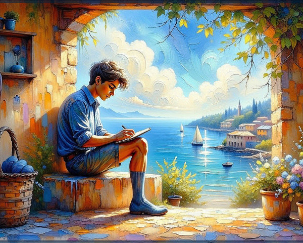 Coastal Scene with Boy Writing and Sailboats in Background