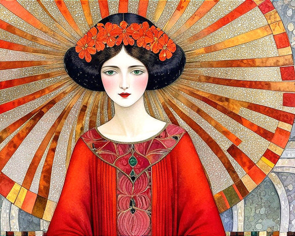 Stylized woman in floral crown and vibrant red robe