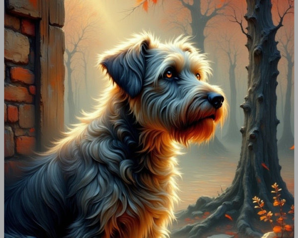 Fluffy Dog in Autumn Landscape with Golden Light
