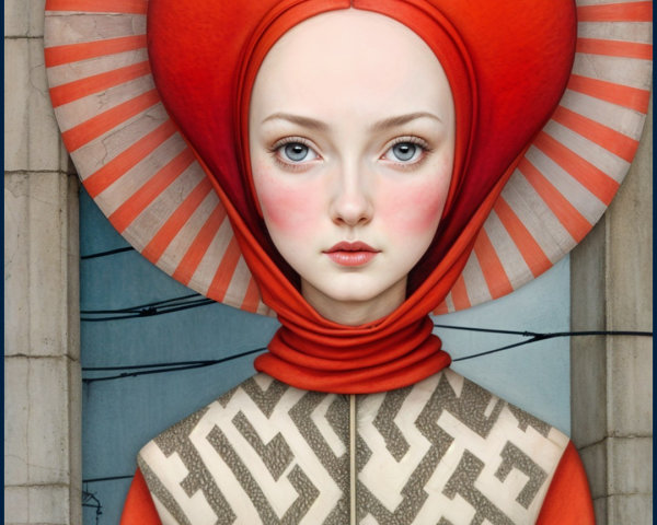Artwork with a figure in red headpiece and urban backdrop