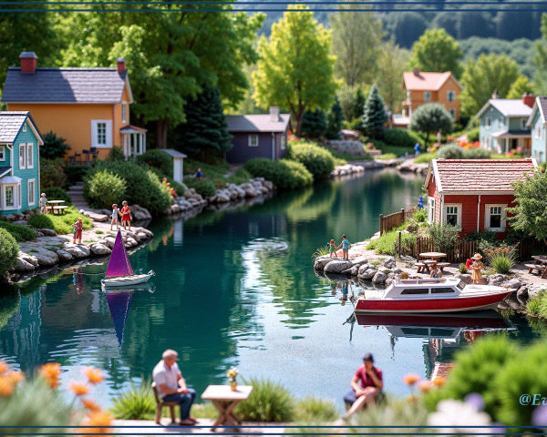 Miniature Village by Tranquil River with Colorful Houses