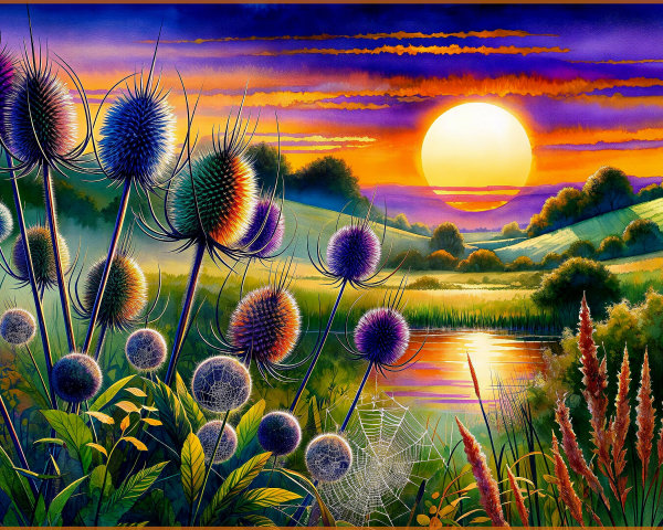 Vibrant Sunset Over Landscape with Thistle Plants
