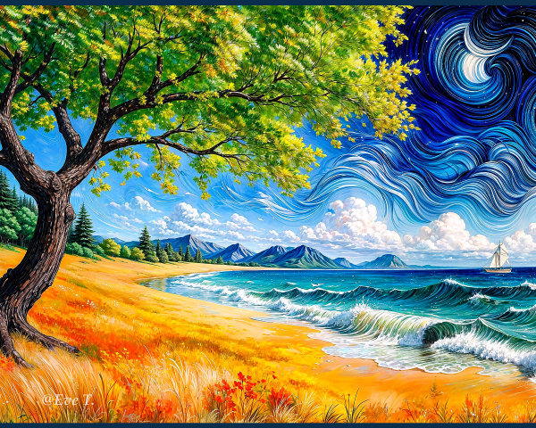 Vibrant Landscape with Tree, Beach, and Mountains