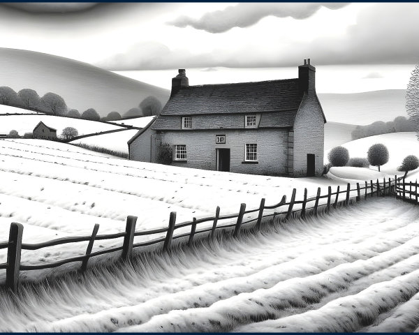 Monochrome Landscape with Farmhouse and Snowy Hills