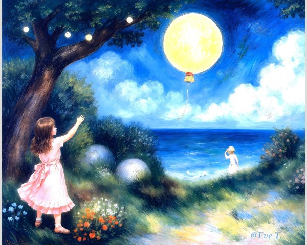 Children in a vibrant landscape with a glowing sun