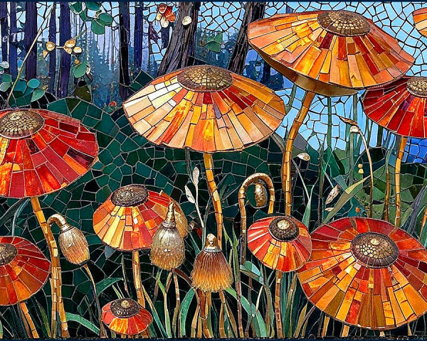 Vibrant Mosaic of Colorful Mushrooms and Foliage
