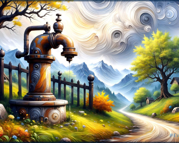 Vibrant Countryside Landscape with Vintage Water Pump