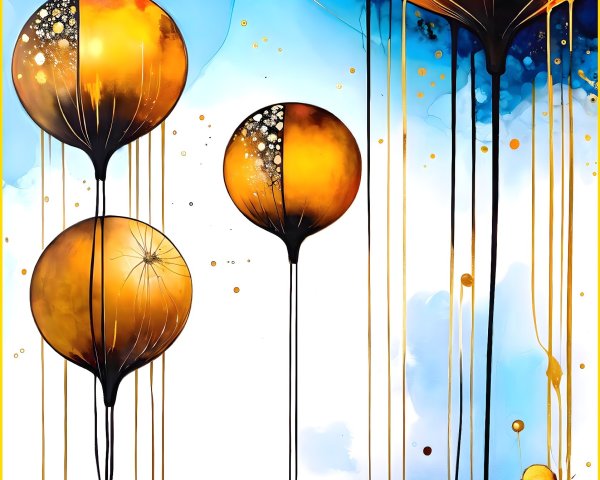 Vibrant Abstract Painting with Gold Balloons and Floral Elements