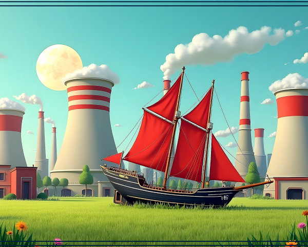 Traditional Sailing Ship with Red Sails in Landscape
