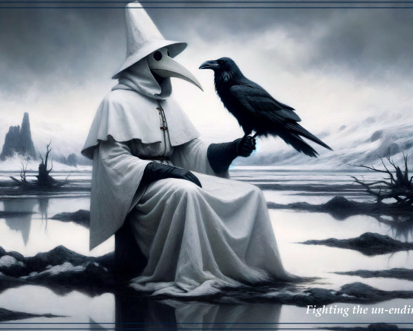 Cloaked Figure by Somber Lake with Raven Symbolism