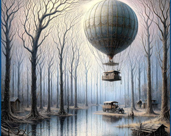 Whimsical Forest Scene with Hot Air Balloon and Lake