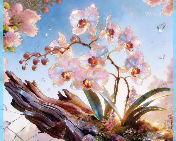 Mother-of-pearl orchids on driftwood with moss and crystals