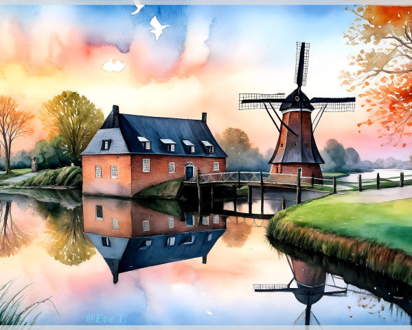 Serene Landscape with Windmill and Sunset Reflection