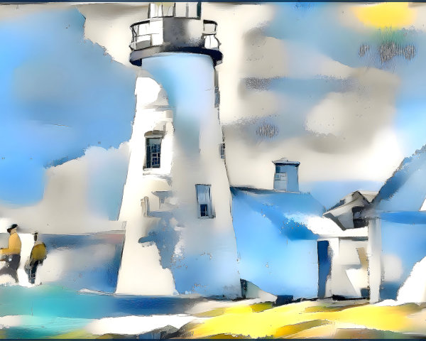 Lighthouse and Coastal Scene with People Strolling