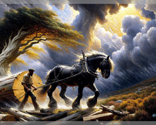 Solitary Figure and Horse in Stormy Landscape
