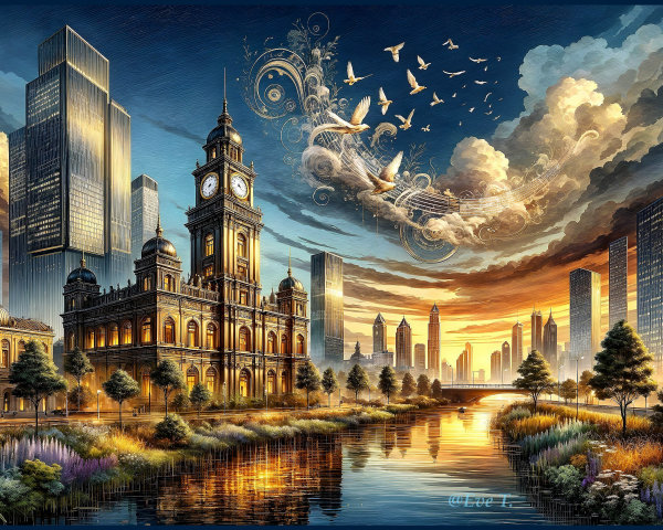 Cityscape at Sunset with Clock Tower and River