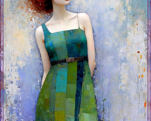 Woman with Red Hair in Abstract Blue and Green Background