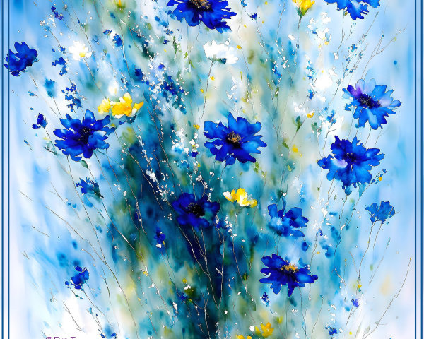 Vibrant Abstract Floral Painting with Blue and Yellow Flowers