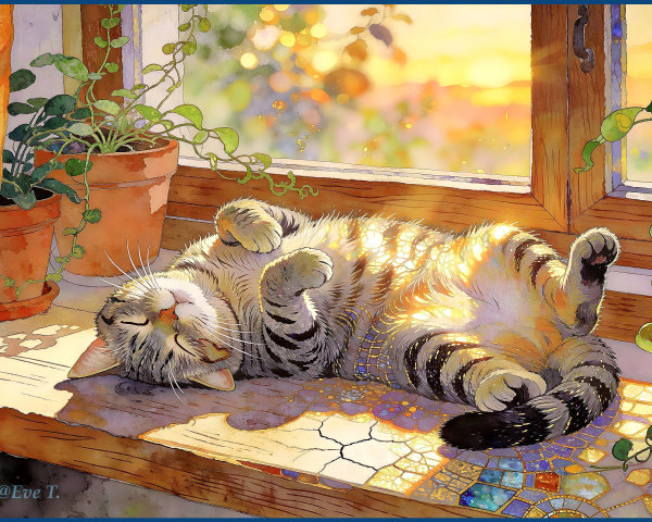 Watercolor Painting of a Tabby Cat in Sunlight