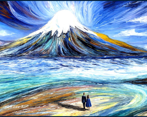 Couple on Beach with Snow-Capped Mountain View