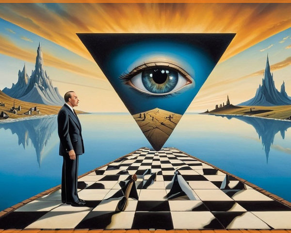 Surreal Landscape with Man, Checkered Pathway, Eye Symbol