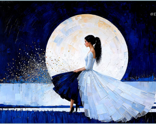 Graceful Figure in Blue-and-White Dress Against Moonlight