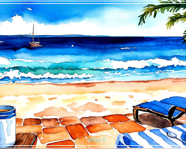 Vibrant Watercolor Beach Scene with Lounge Chair and Sailboat