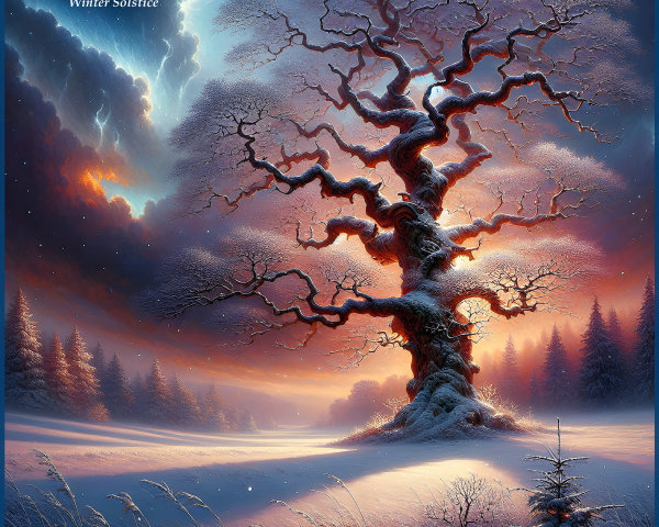 Leafless tree in snowy landscape at twilight hues