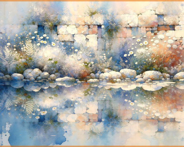 Watercolor Painting of Rocks and Flowers with Reflection