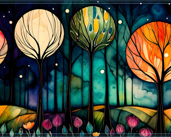 Vibrant Abstract Landscape with Whimsical Trees