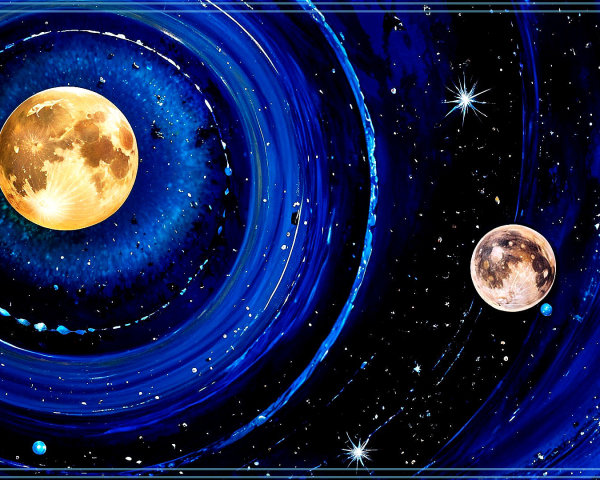 Vibrant Cosmic Scene with Swirling Blues and Moons