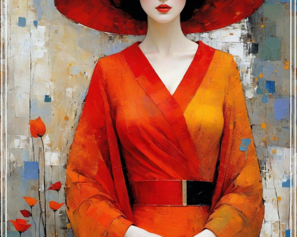 Graceful Woman in Vibrant Orange Kimono and Hat