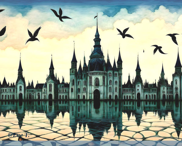 Majestic castle with spires reflected in calm water