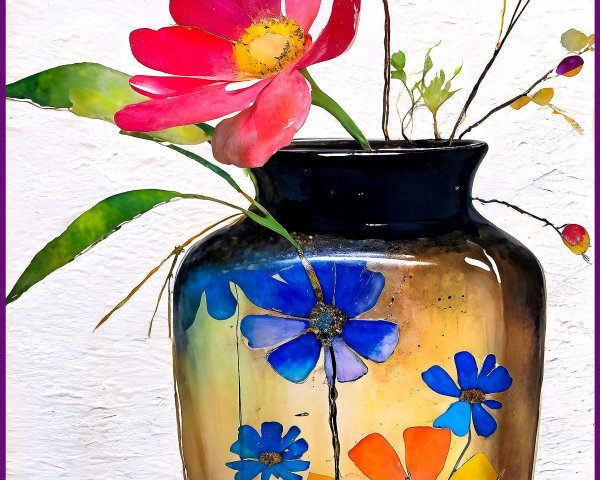 Vibrant Watercolor Painting of Colorful Bouquet in Vase