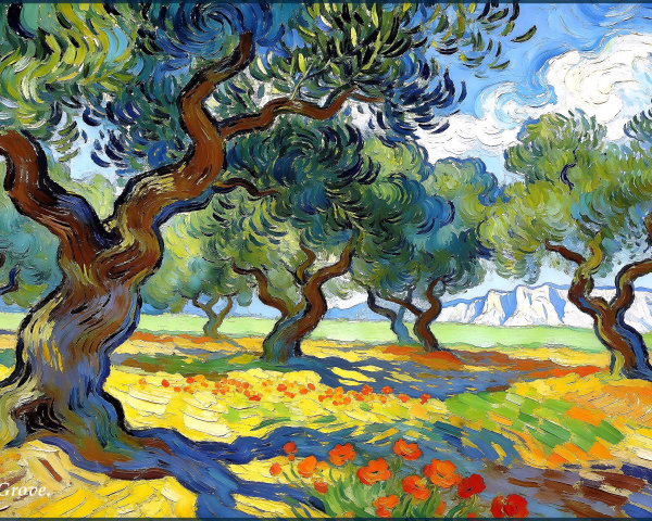 Vibrant Oil Painting of an Olive Grove Landscape