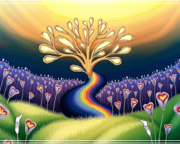 Whimsical Tree in Vibrant Landscape with Rainbow Path