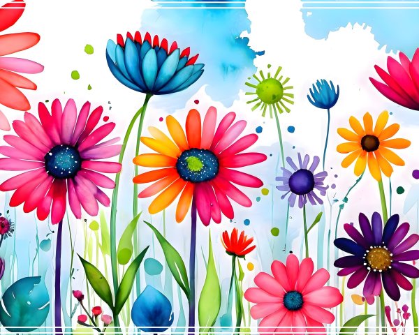 Vibrant Watercolor Garden Illustration with Flowers