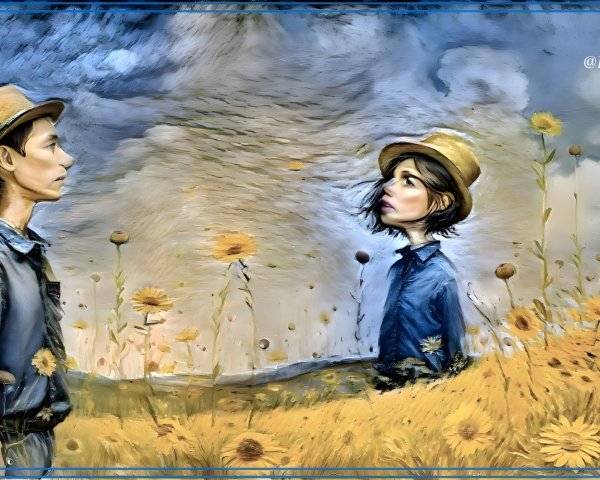 Surreal Landscape with Figures and Sunflowers