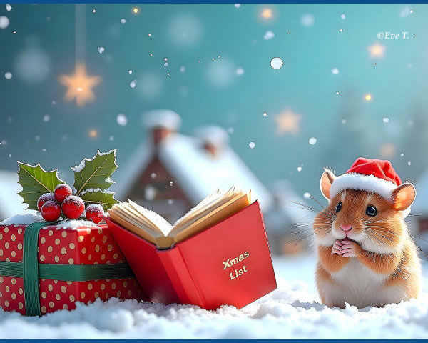 Hamster in Santa Hat Next to Festive Gift Box