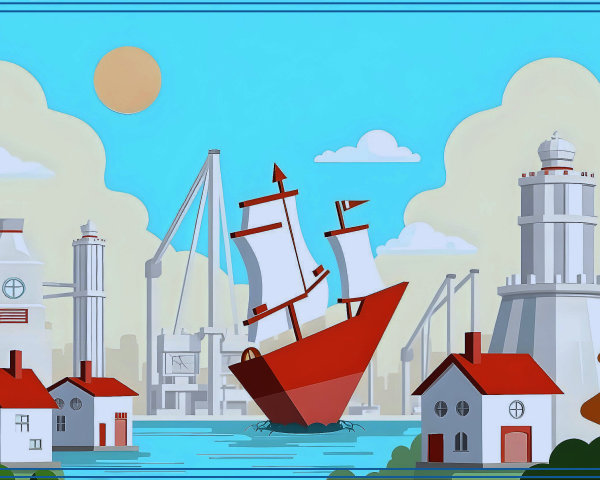 Vibrant Harbor Scene with Sailing Ship and Whimsical Homes