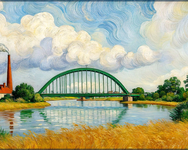 Vibrant Landscape with Bridge and Factory by River