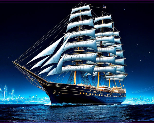 Tall Ship Sailing Under Moonlight with City Skyline