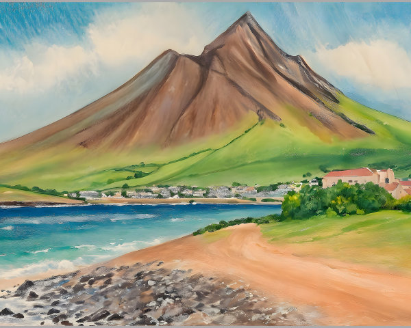 Serene Mountain Landscape with Village and Shoreline
