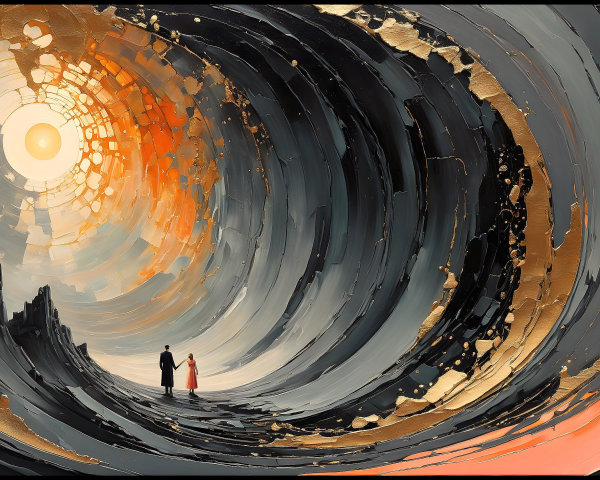 Abstract Landscape with Couple Amidst Colorful Waves