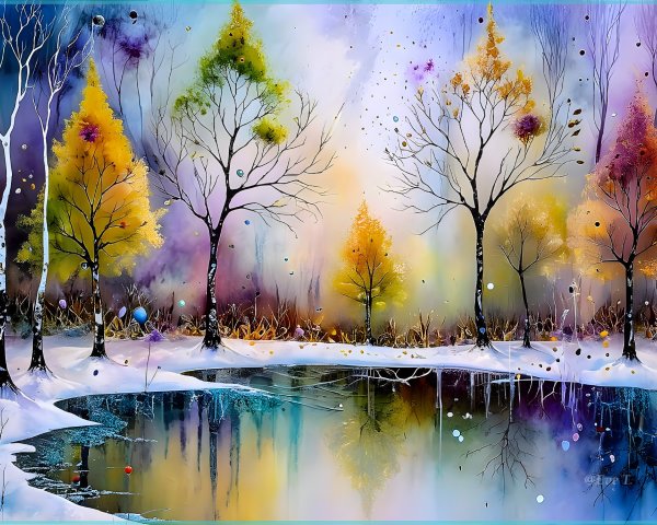Serene winter landscape with colorful trees and water