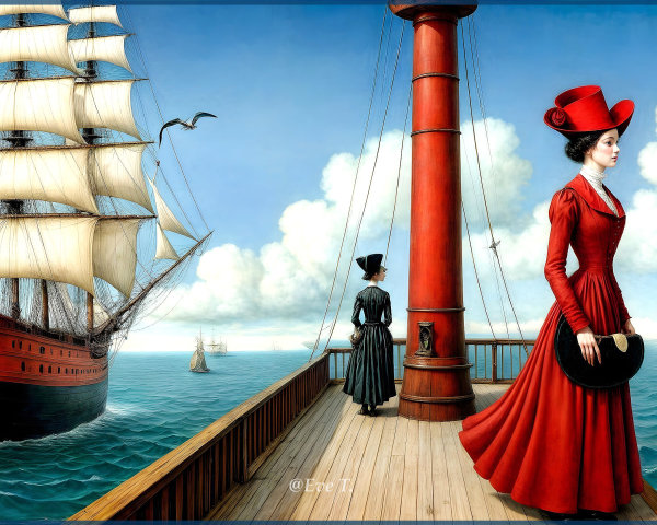 Elegant Women on Ship Deck with Vibrant Ocean View