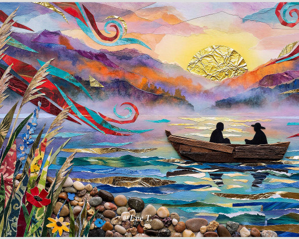 Mixed-media collage of a sunset landscape scene