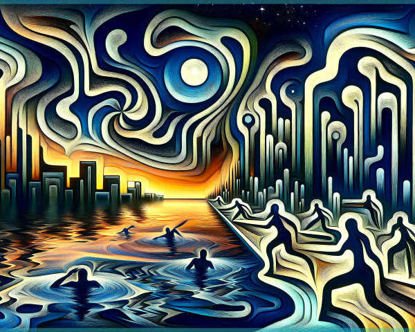 Abstract Cityscape at Sunset with Swirling Lines